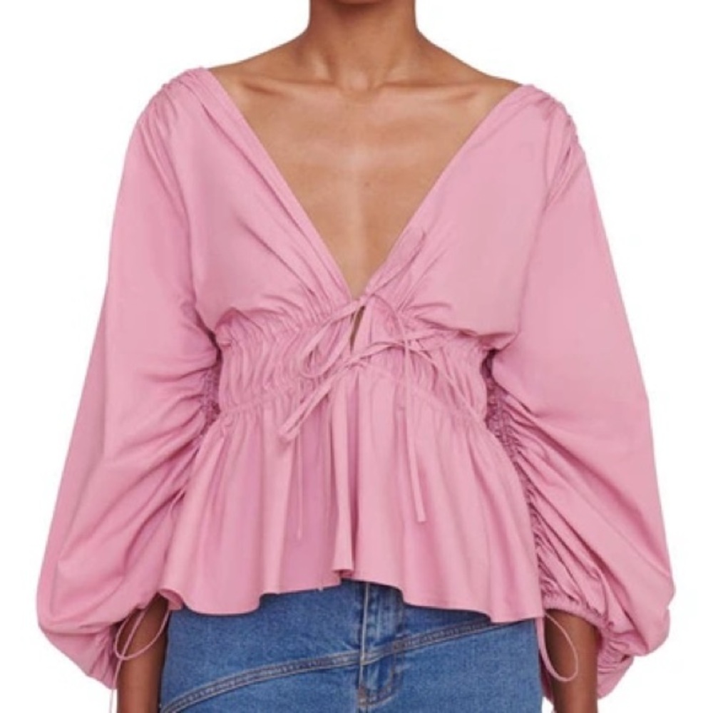 STAUD Shelby balloon-sleeve peplum top in pink